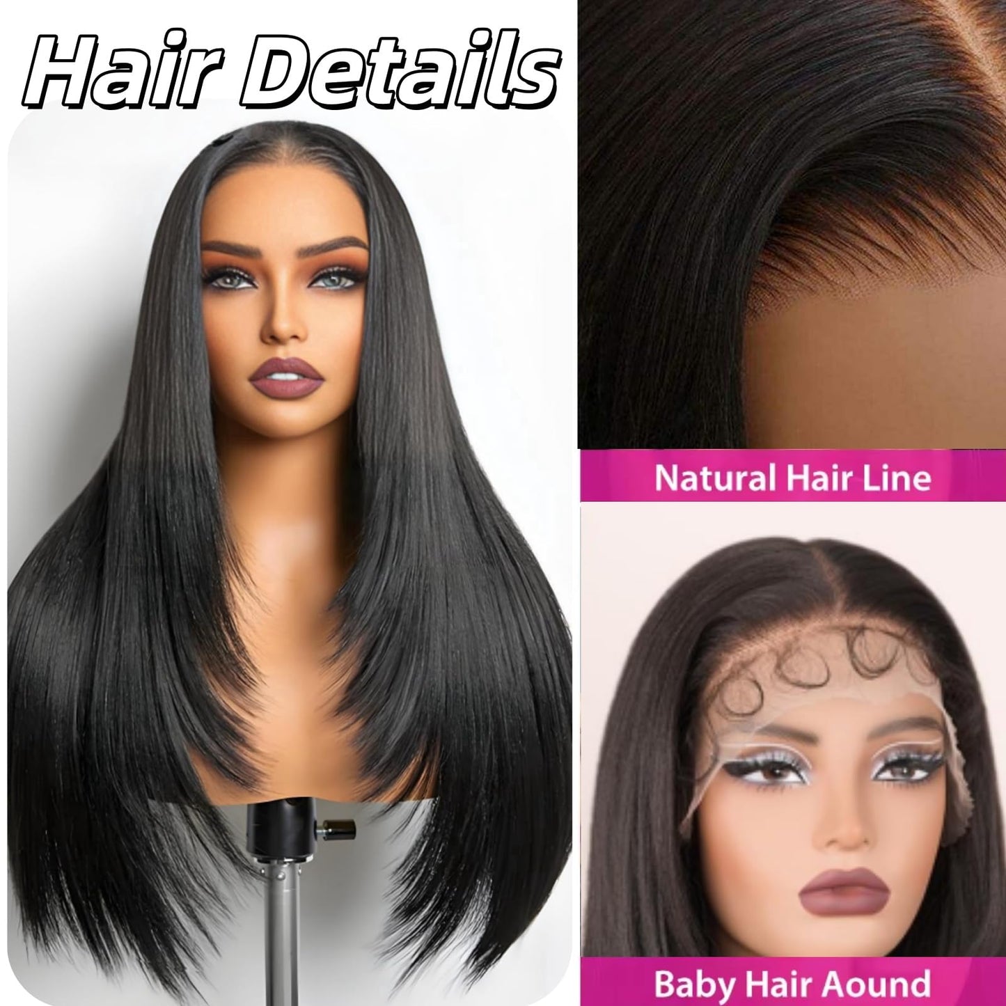 Marshey Synthetic Lace Front Wig Long Straight Black Wigs for Black Women Wear and Go Glueless Wigs as Human Hair Pre Plucked Pre Cut 13x6 Lace Front Wigs (Natural Black, 24 Inch)