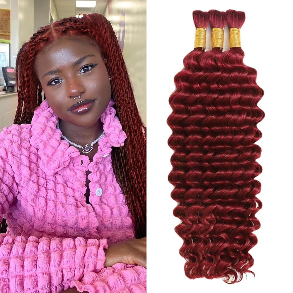 Burgundy Human Braiding Hair for Boho Braids 150g 18 inch Deep Wave Bulk Human Hair for Braiding 3 Bundles Wet and Wavy Bulk Bohemian Curly Bundles