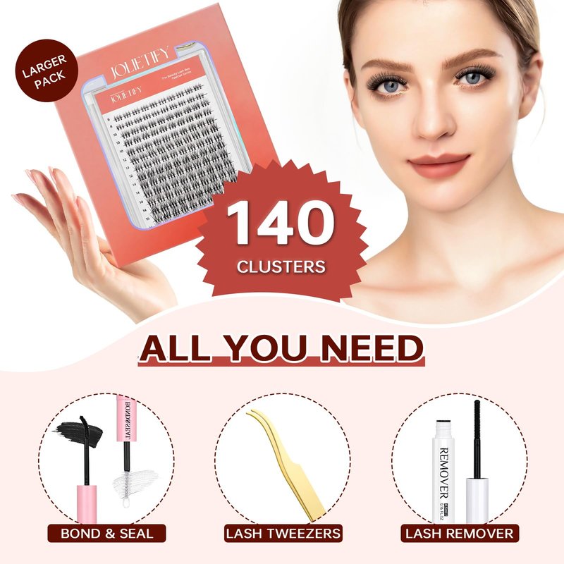 JOLIETIFY Lash Extension Kit, Natural Style, Faux Mink 8-16mm Cluster Lashes, BareLook, Soft & Fluffy, Waterproof Bond & Seal, Reusable Individual Lashes with Tweezers & Remover Tool, Easy to Apply