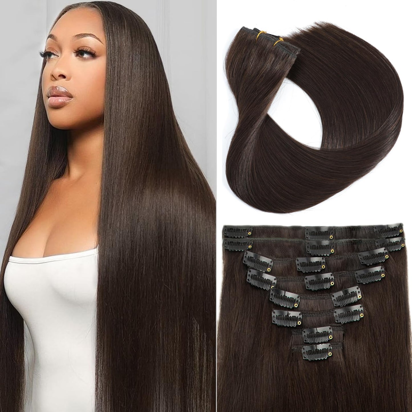 Dark Brown Clip in Hair Extensions Real Human Hair 16inch 8pcs/65g Lightweight Straight Remy Human Hair Clip in Extensions for Women Dark Brown Seamless Human Hair Extensions Clip ins Double Weft