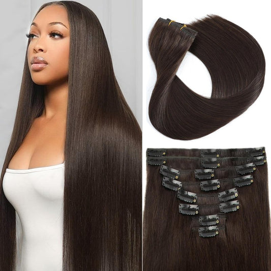 Dark Brown Clip in Hair Extensions Real Human Hair 16inch 8pcs/65g Lightweight Straight Remy Human Hair Clip in Extensions for Women Dark Brown Seamless Human Hair Extensions Clip ins Double Weft