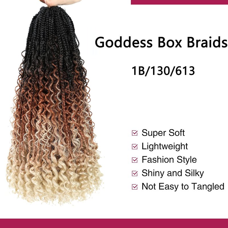 Goddess Crochet Box Braids Curly Ends 144 Strands 22 Inch Bohomian Goddess Box Braids Crochet Hair Synthetic Crochet Braids Hair Extensions(22 Inch,1B/30/27)