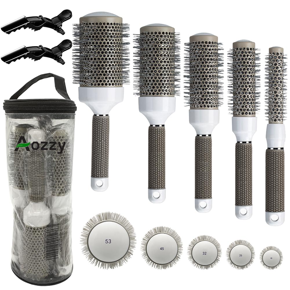 Round Brush Set for Blow Drying Curling, Professional Ceramic Ion Thermal Barrel Brush Leaves Hair Shiny Heat Styling Brush 5 Different Sizes Works Very Well with The Blow Dryer