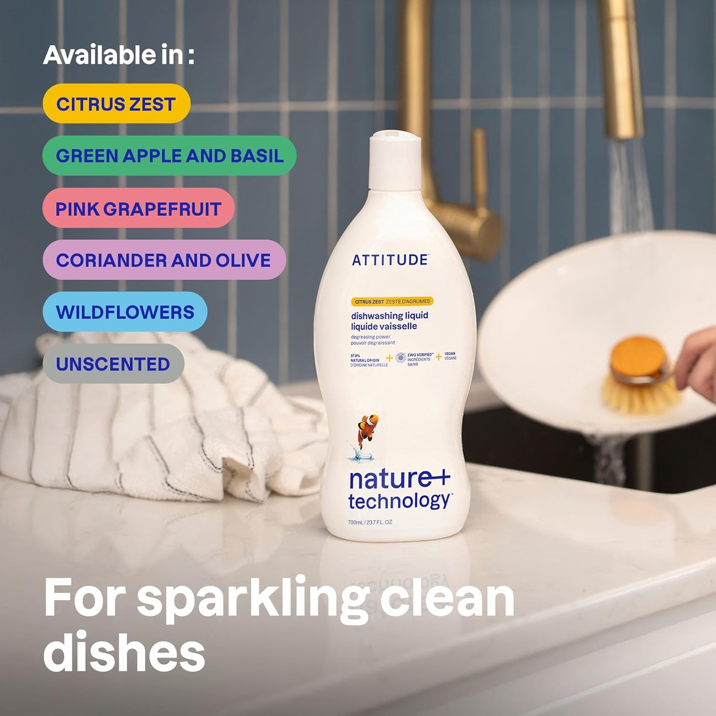 ATTITUDE Dish Soap - EWG Verified Plant-Based Vegan Dishwashing Liquid | Wildflowers Scent, 23.7 Fl Oz