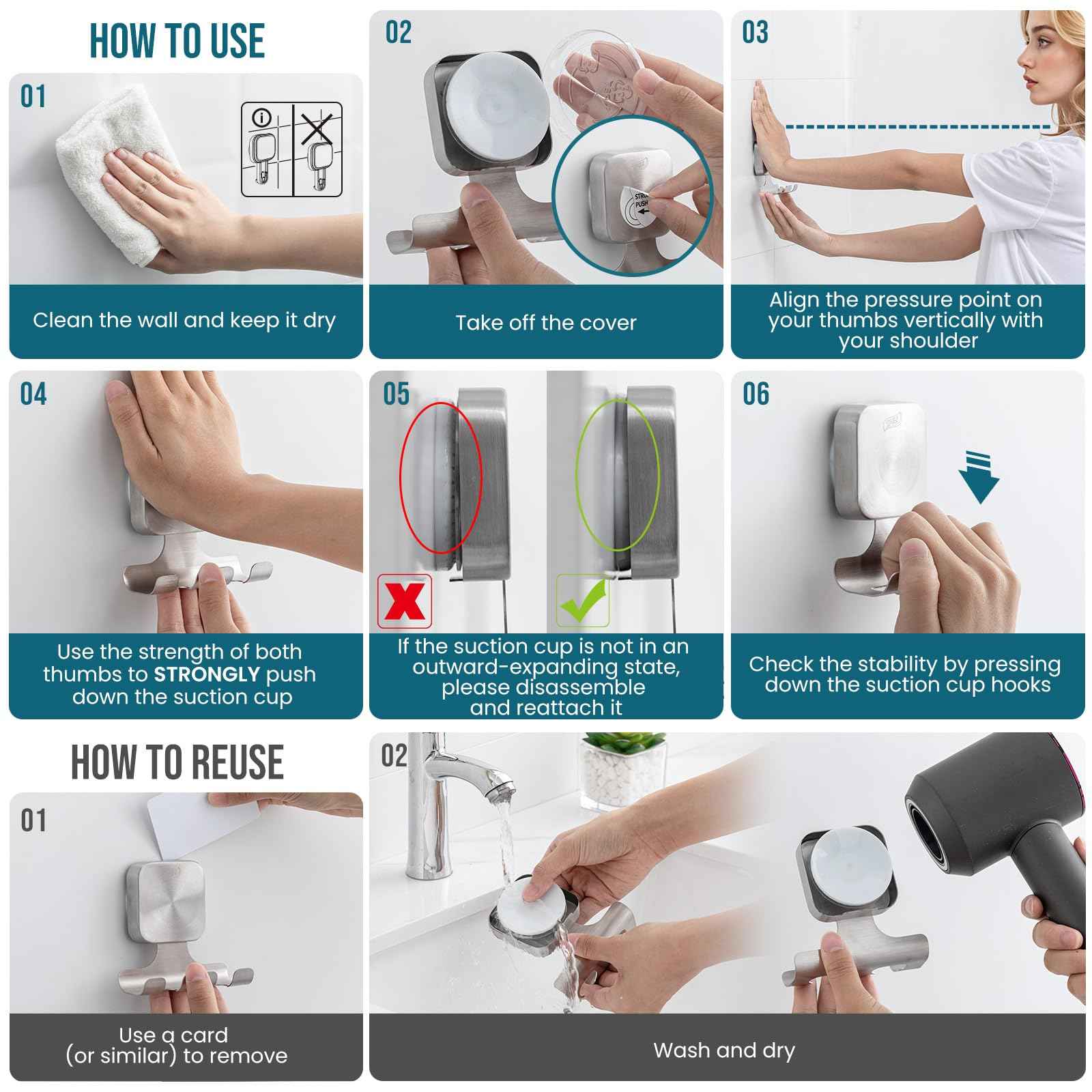 TAILI Powerful Suction Cup Razor Holder 2 Pack, Stylish 304 Stainless Steel Bathroom Suction Hooks for Towel, Loofah, Bathrobe, Shaver Holder for Shower Wall, Easy to Install and Reuse, Silver