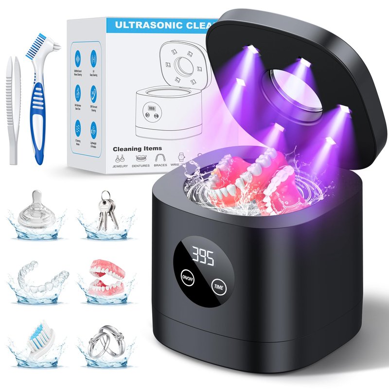 COBEEK Ultrasonic Retainer Cleaner Machine, 52kHz Ultrasonic Denture Cleaner for Night Guards, Braces, Toothbrush Heads, Jewelry and More, Ultrasonic Cleaner for Retainers, Black-Silver