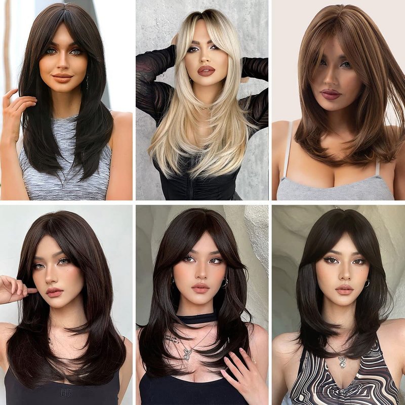 TuTive Blonde Wig With Bangs 22 Inch Layered with Black Roots Shoulder Length Wigs for Women Ombre Color Wig Natural Looking Synthetic Hair Wig for Daily Party Use(Ombre Blonde)