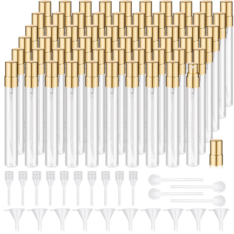 Domensi 60 Pcs 10ml Mini Perfume Bottle Fine Mist Atomizer Glass Refillable Bottles Decants Bulk for Perfumes Travel Glass Container with Atomizer Pump Kit for Toiletries Fragrance Liquid (Clear)