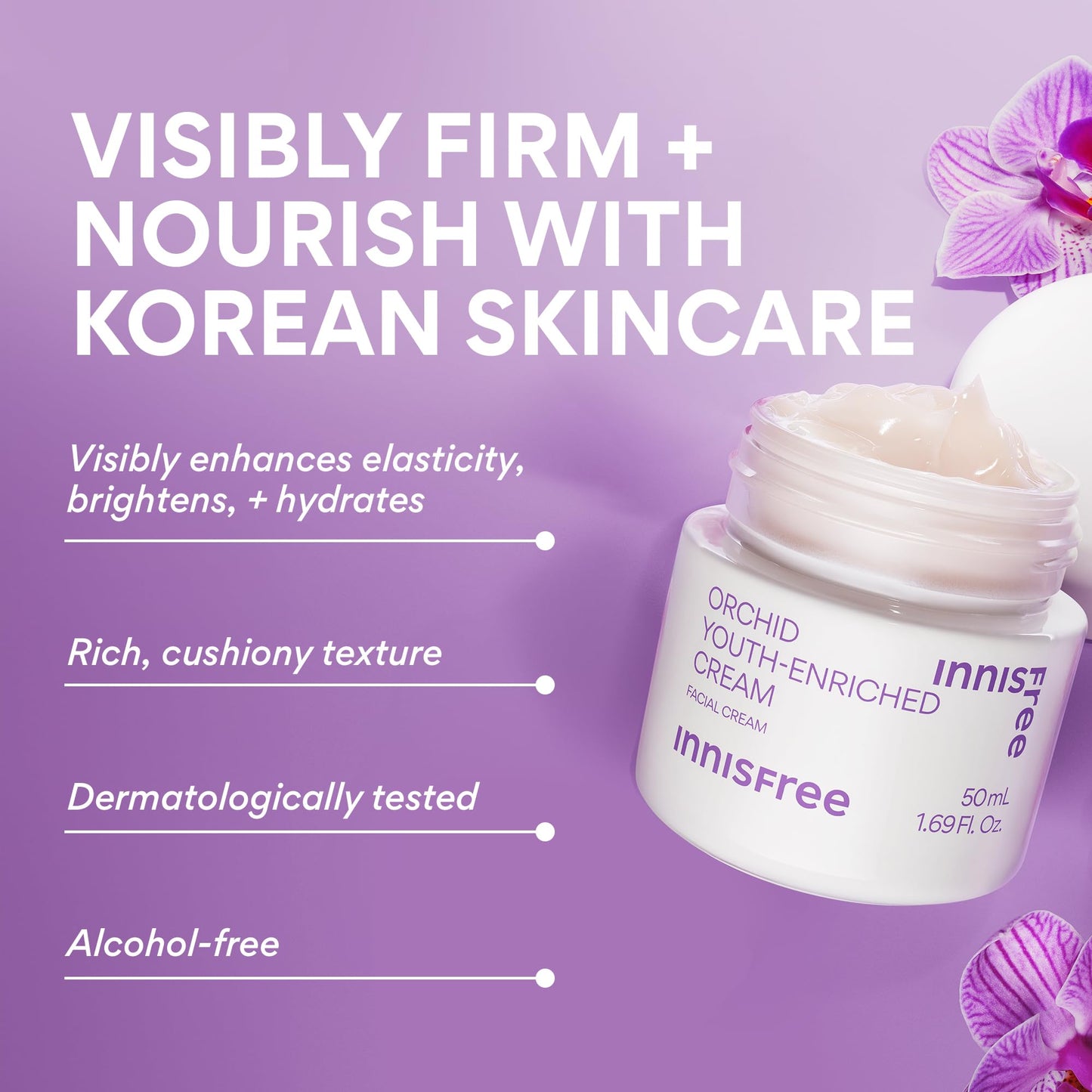 innisfree Orchid Youth‑Enriched Cream | Korean Firming Face Moisturizer with Hyaluronic Acid and Niacinamide for Hydrating, Anti‑Aging Care and Youthful‑Looking Skin