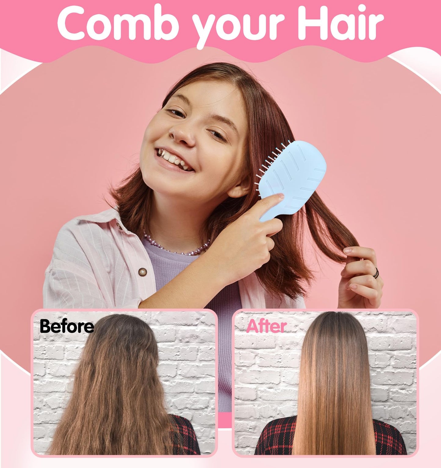 Toddler Hair Brush Girl, 2 Pcs Toddler Detangler Brush for Wet Dry Hair, Kids Boys and Girls with 2 Hair-Ties (Pink & Blue)