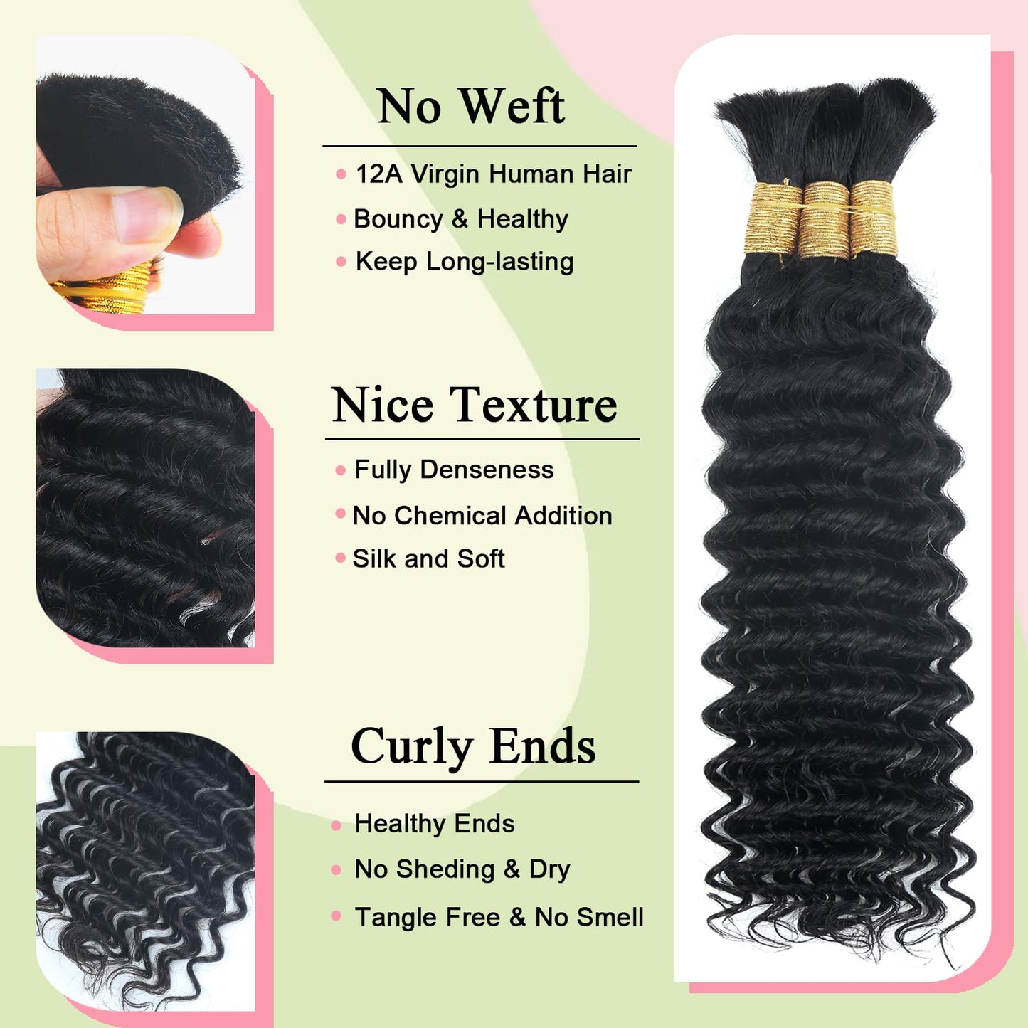 Boho Braids Human Hair for Braiding 110g 22 Inch 12A Deep Water Wave Bulk Human Braiding Hair for Boho Braids Knotless Wet and Wavy Virgin Extensions Bohemian No Weft Curly 3 Bundles Natural Black