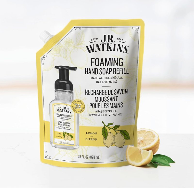 J.R. Watkins Foaming Hand Soap Refill - Moisturizing Plant-Based Cleanser | Lemon, 28 fl oz, 2 Pack