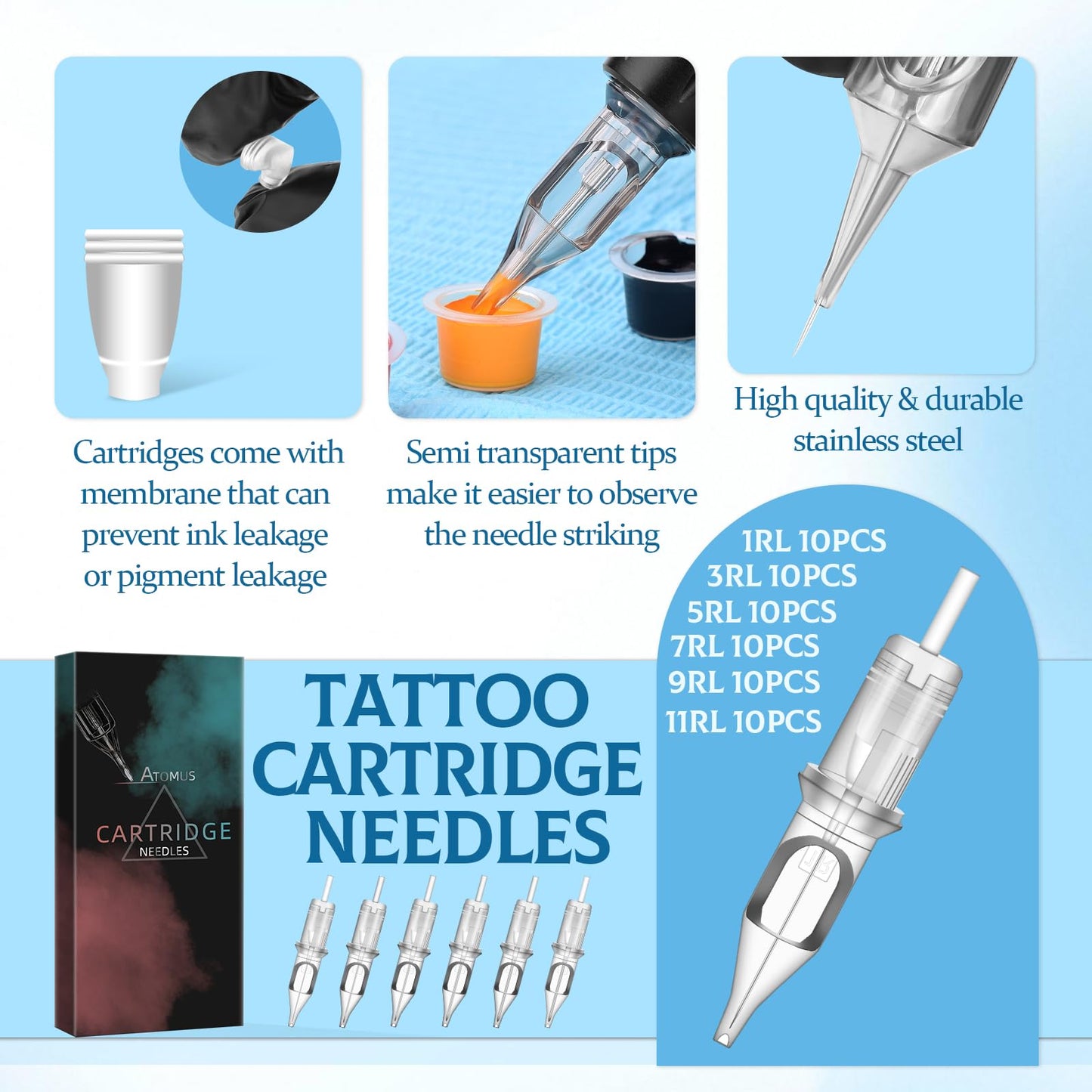 Tattoo Cartridge Needles, ATOMUS 1RL 3RL 5RL 7RL 9RL 11RL Round Liner Disposable Tattoo Needle (60pcs Mixed)