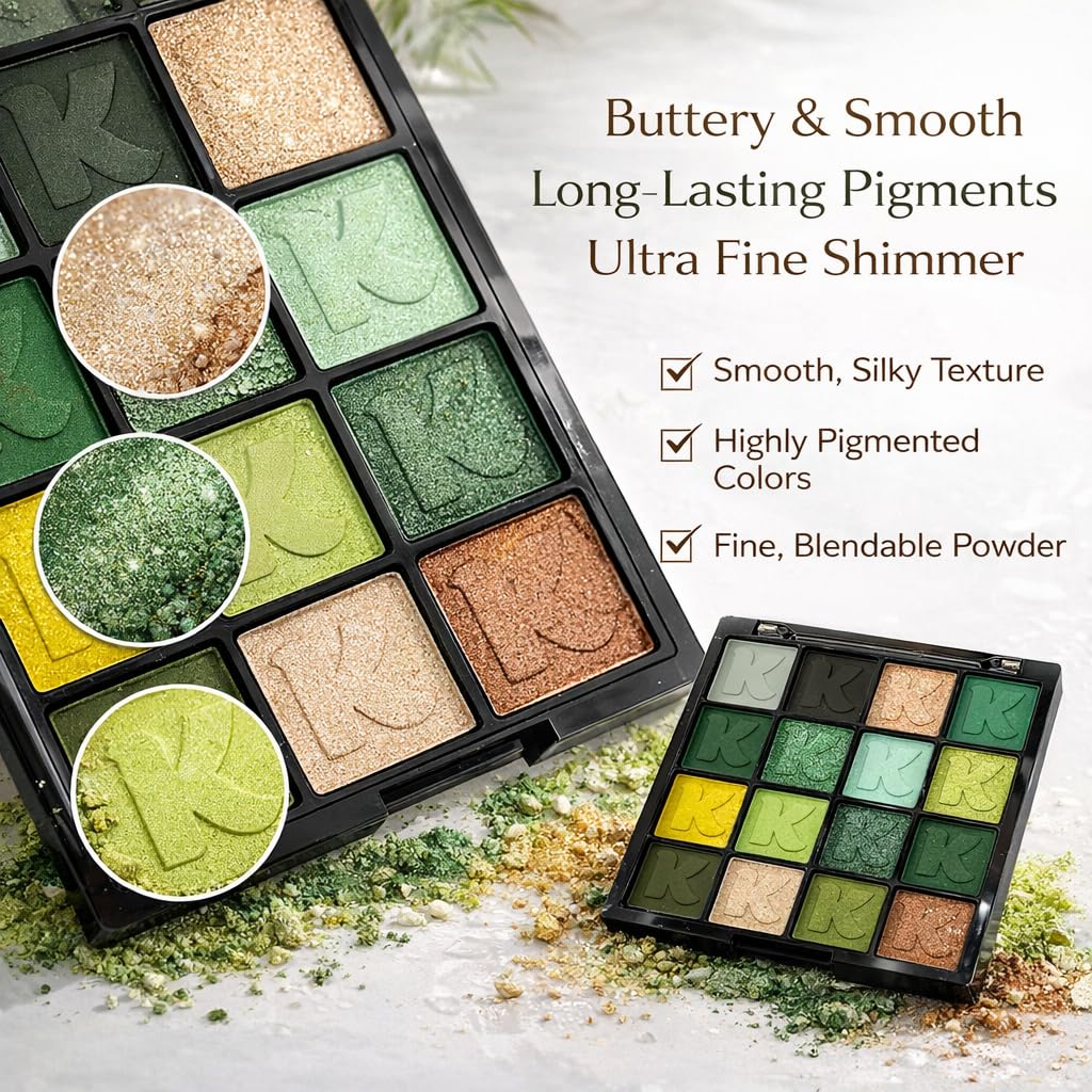 K'APEINE Green Eyeshadow Palette, Matte Glitter Eye Shadow Palette Pigmented Eye Makeup Palette 16 Colors Goth Eyeshade Kit for Rave Parties, Music Festival, Performance, Costume and Halloween