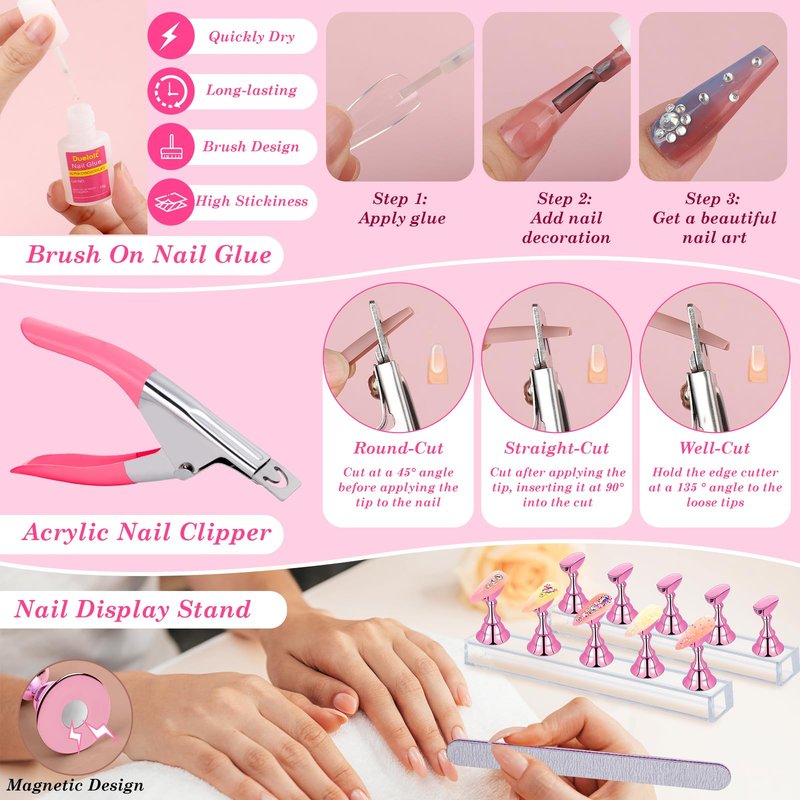 Acrylic Fake Nails Kit Press On Nail Kit with Clear Coffin Nail Tips Nail Display Stand Sequins Sticker Rhinestones Decorations Nail Glue Nail Clay Fine Glitter DIY Nail Art Tool and Supplies