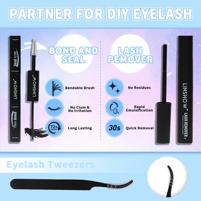 LinShow Lash Clusters Kit Mix 9-16mm Volume Soft Natural Cluster Lashes DIY Individual Eyelash Extensions Kit With Seal Bond Remover Easy Self Application