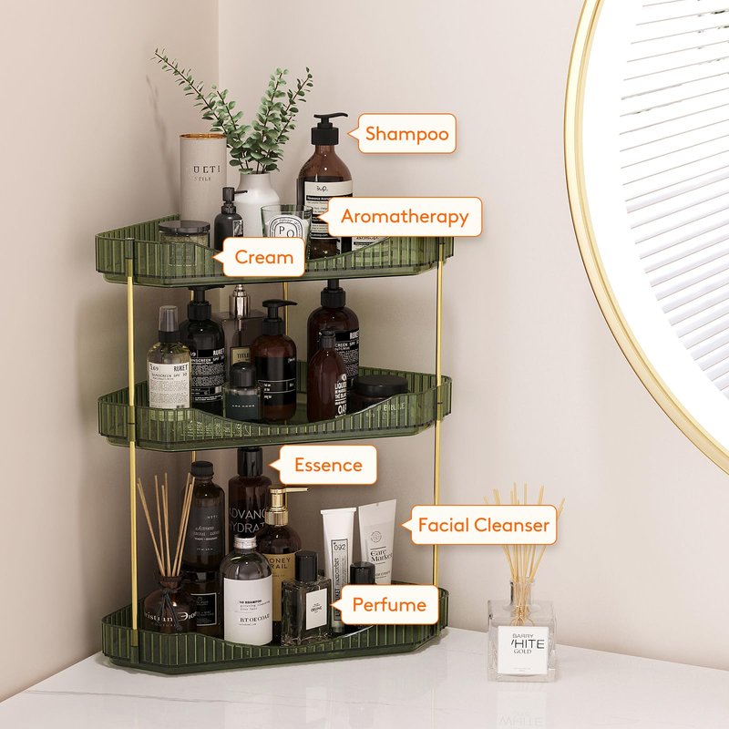 Lifewit 3-Tier Corner Bathroom Counter Organizer, Plastic Makeup Skincare Organizers Storage Countertop, Large Sink Cosmetic Perfume Shelf for Bedroom, Dresser, Kitchen, Vanity, Green, 39 cm/15inch(H)