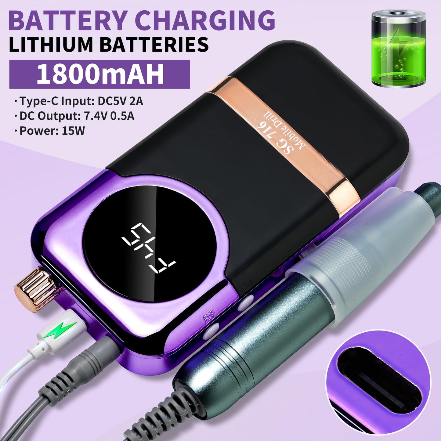 LIMEGIRL Professional Electric Nail Drill Kit 45000RPM Portable Cordless Toenail Cordless Toenail Machine with 14 Drill Bits and Base for Women (Purple)