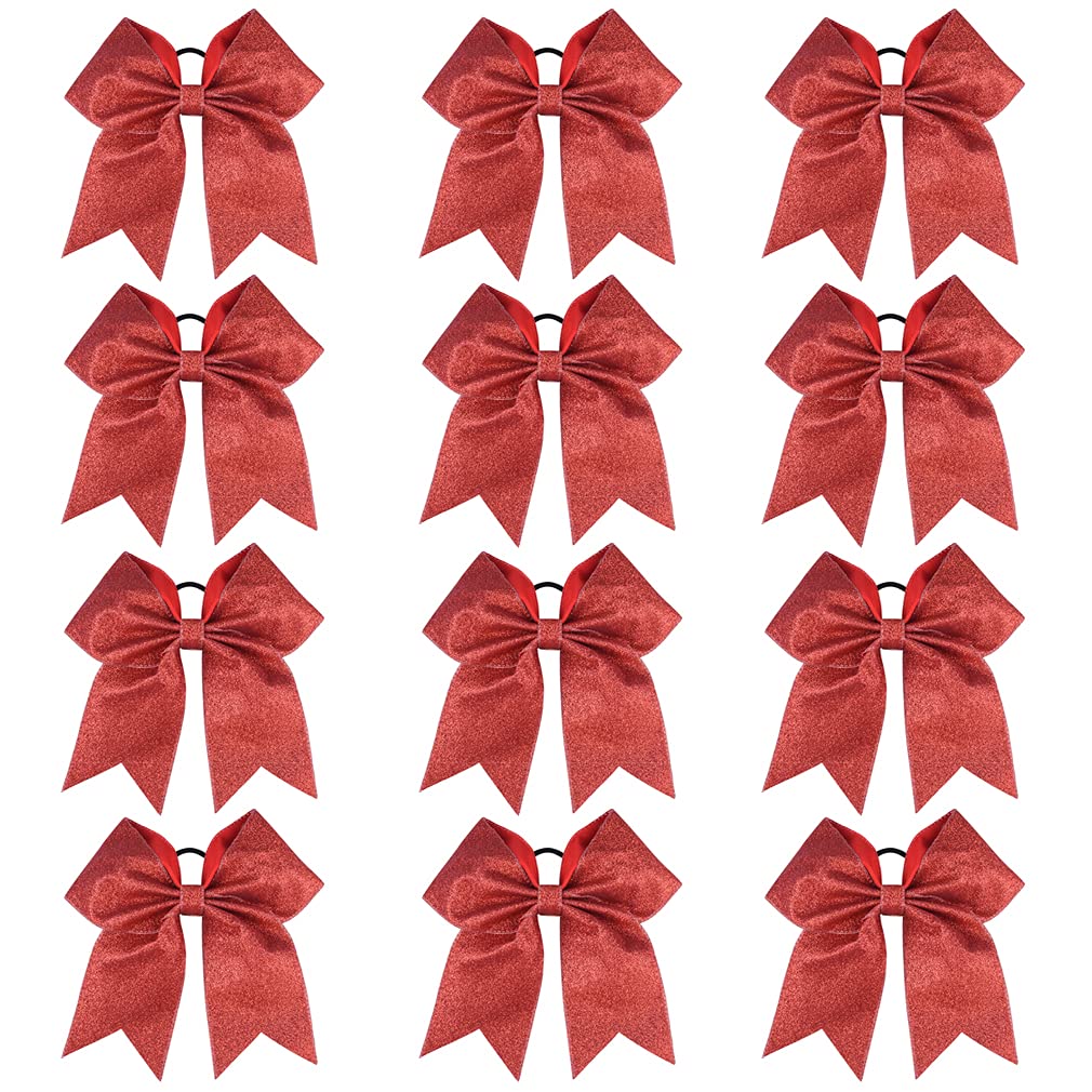 DEEKA 12 PCS 7" Large Glitter Cheer Bows Shiny Cheer Hair Bows Ponytail Holder Handmade for Cheerleader Girls Softball Sports -Red