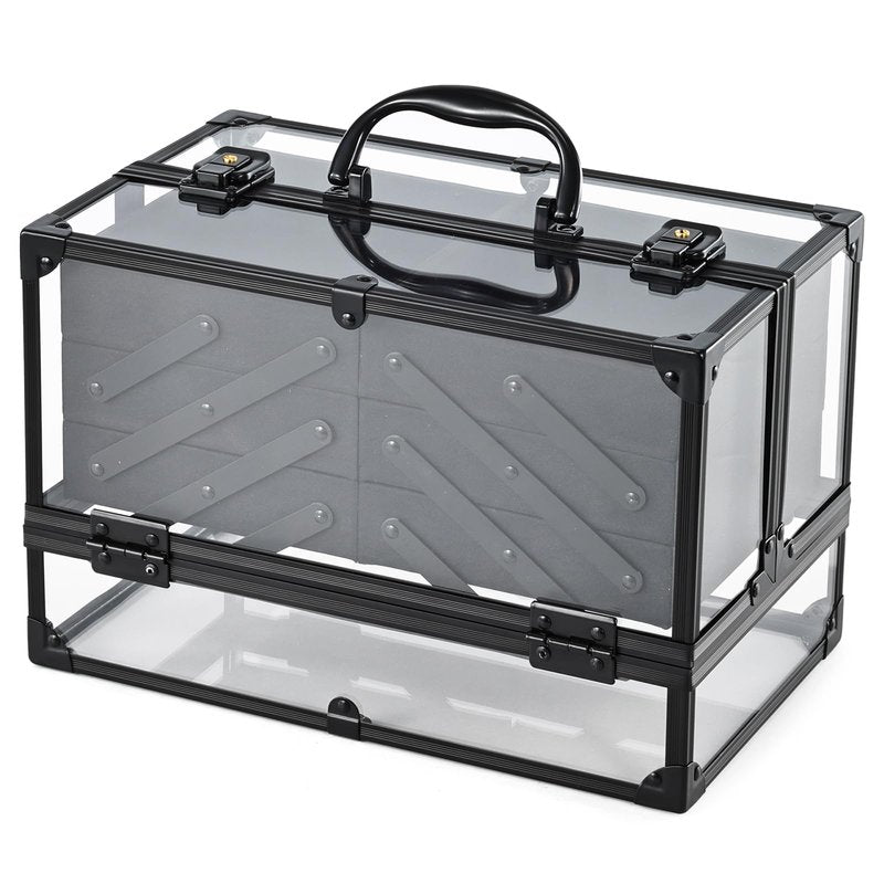 FRENESSA Portable Makeup Case Cosmetics Display Cases Toiletry Organizer Box Transparent Acrylic Artists Train Case with 6 Trays Travel Makeup Tools Storage for Vanity Counter Dresser Organizer Black