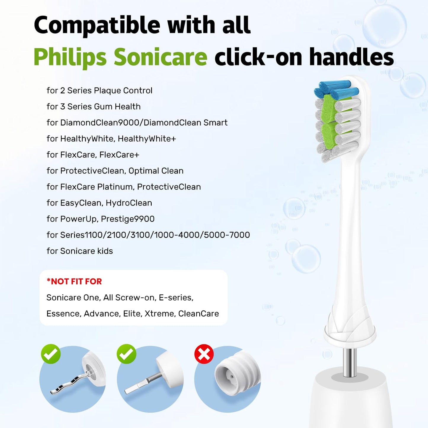 Replacement Brush Heads Compatible with Philips SoniCare Electric Toothbrushes, Dupont Bristles for Effective Cleaning, Click-on System, 8 Pack, White
