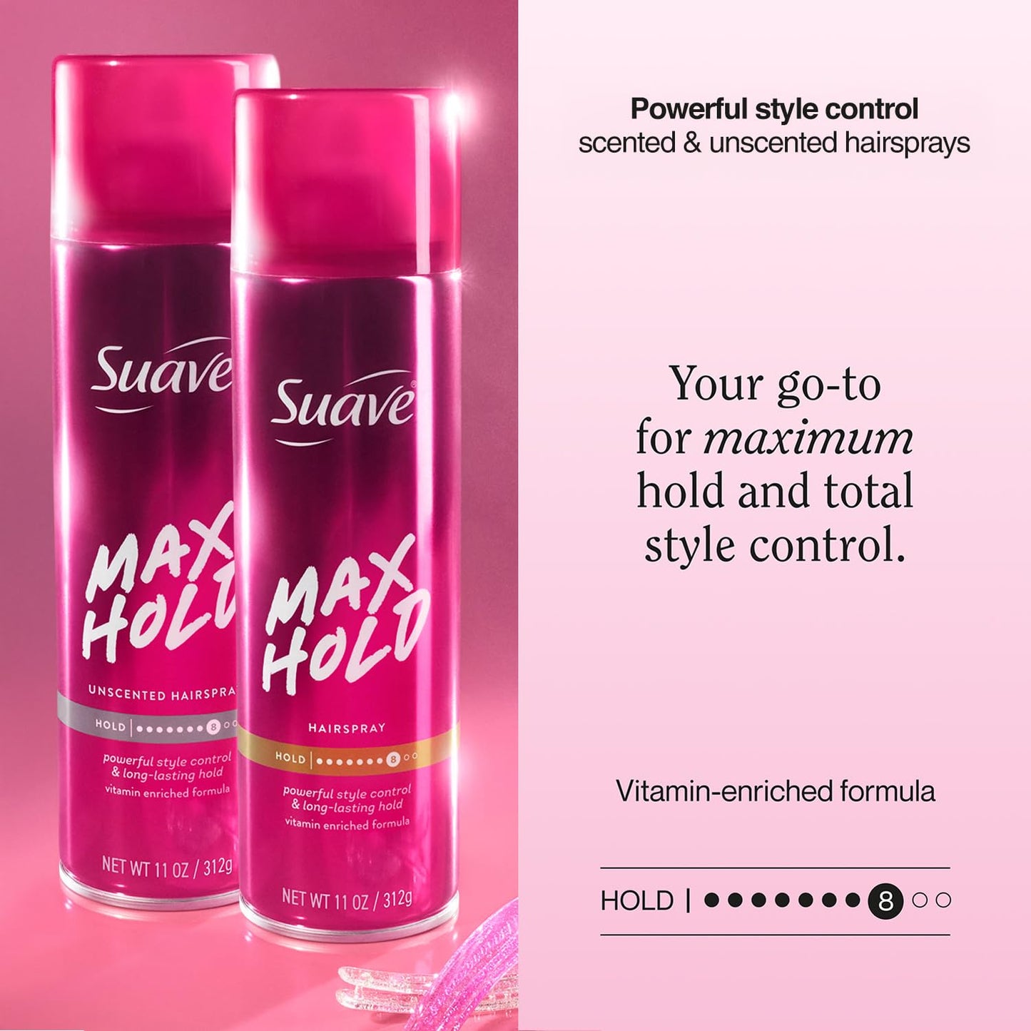 Suave Hairspray Max Hold - 2-Pack Unscented & Scented Aerosol, 11 Oz Each