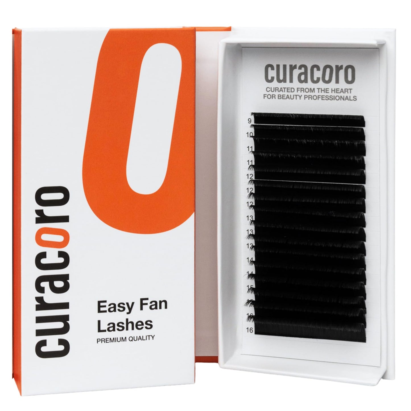 Curacoro Easy Fan Eyelash Extensions 0.07mm Thickness, D Curl, 9mm-16mm Length, Super Matte Black Volume Self Fanning Lash Extensions, Professional Supplies for Lash Techs