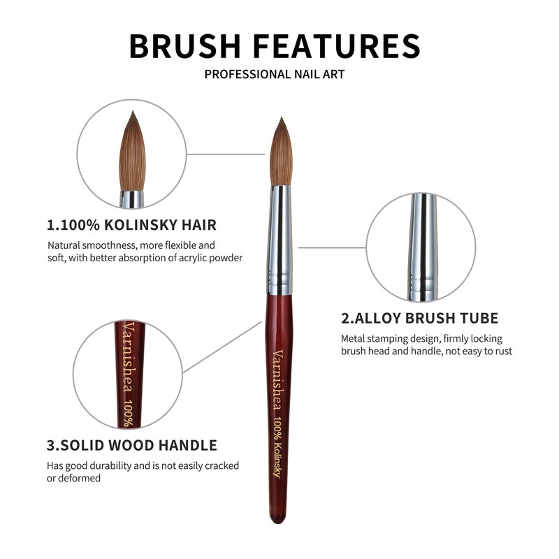 varnishea 100% Pure Kolinsky Hair Acrylic Nail Brush Solid Wood Handle Professional Manicure Brushes for Powder Nail Acrylic Application - Salon & DIY Nail Art Essentials - Size 14, 1.0 Count