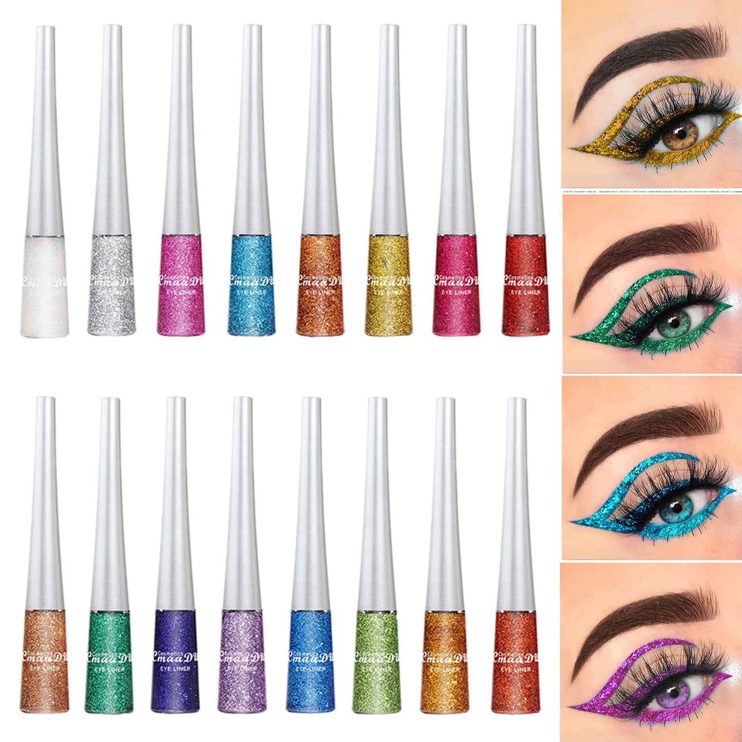 BONNIE CHOICE 16 Colors Glitter Eyeliner Liquid Set, Metallic Glitter Liquid Eyeshadow, Waterproof Long Lasting White Silver Rose Gold Pink Colorful Rainbow Eyeliners Gifts Mother's Day for Women