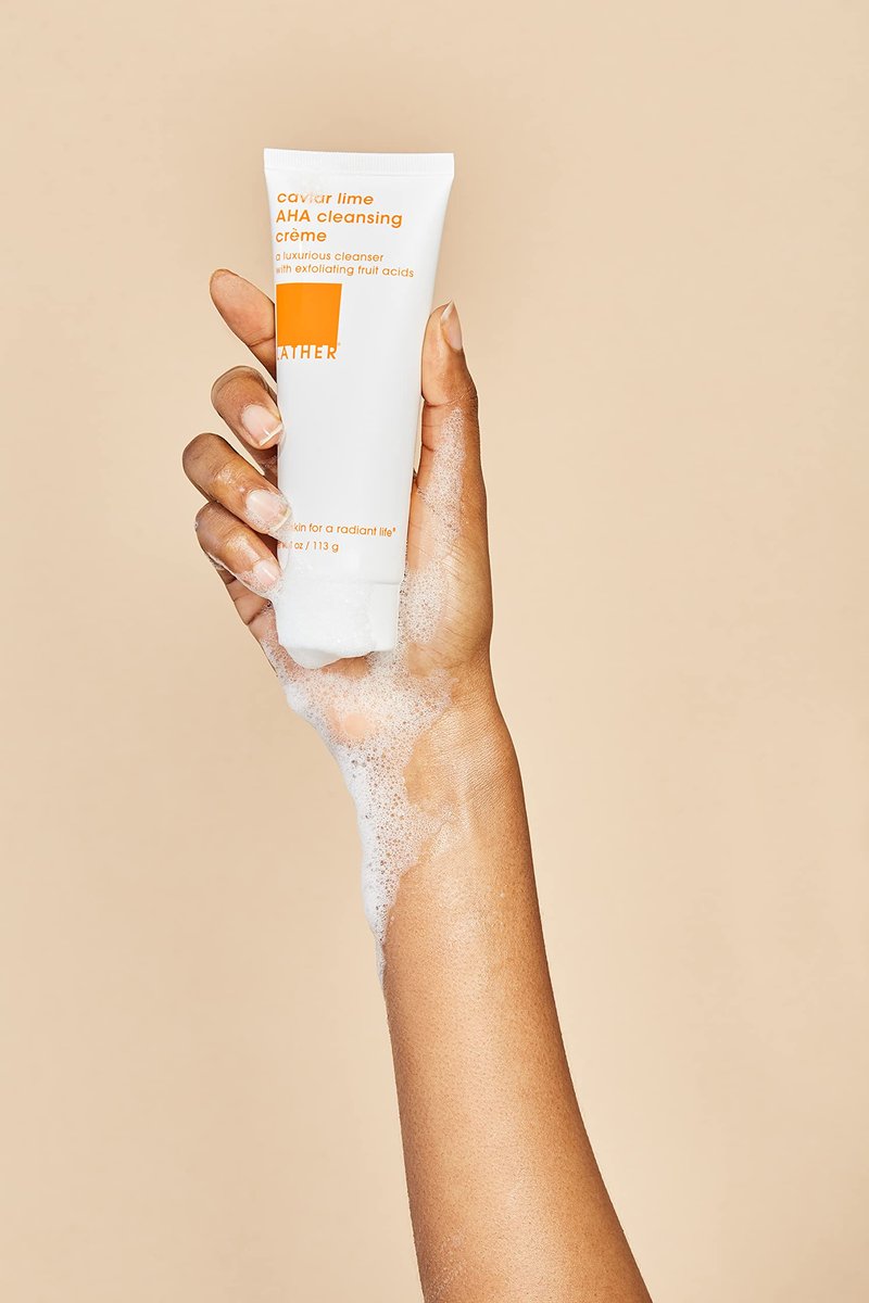 LATHER Caviar Lime AHA Cleansing Cream Face Wash - Lactic Acid & Vitamin C Cleanser - Gently Exfoliating & Foaming Face Wash for Combination, Oily/Acne prone, Mature/Dry Skin - 4 Fl Oz