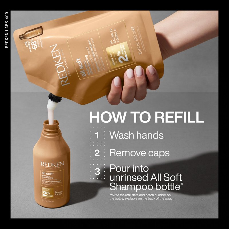 Redken All Soft Shampoo - Moisturizes & Hydrates Dry, Brittle Hair, Gently Cleanses and Softens, With Argan Oil, Safe For Color-Treated Hair, Refill