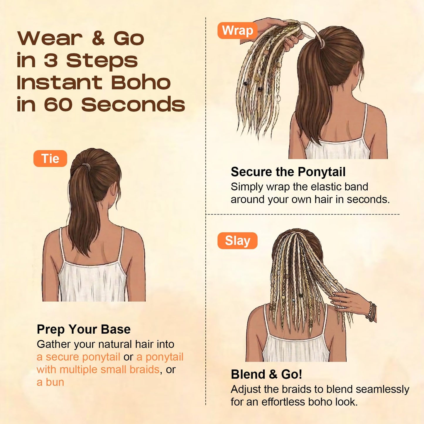 SEIKEA 2PCS Boho Braided Ponytail Extension with Hair Tie, 24" Long Viking Dreadlock Beads Ponytail Hand-braided Braids Hair Extensions Lightweight Natural Synthetic Hairpiece for Festival Cosplay