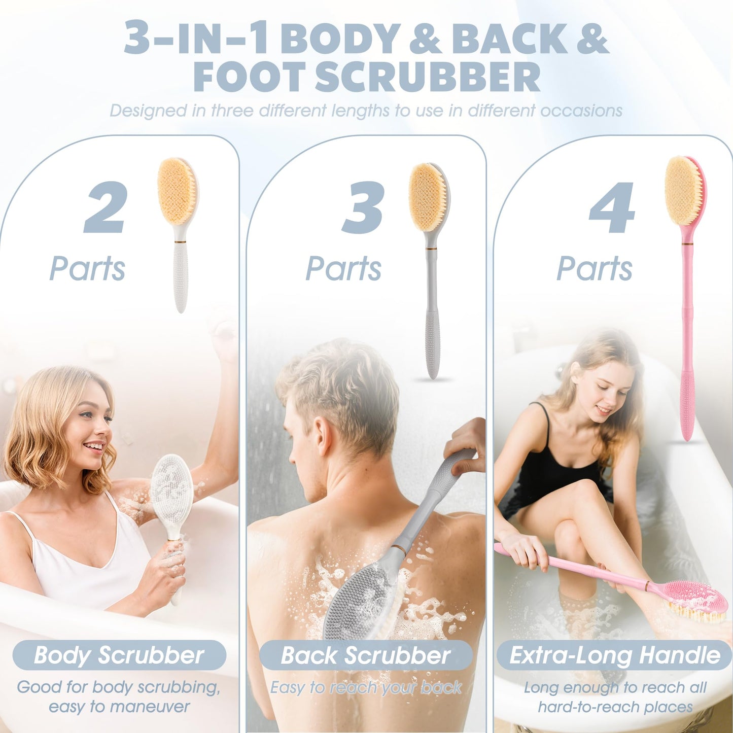 GEENOA New Foot Brush & Back Scrubber Set 2PCS, 10.2''- 27.5'' Adjustable Foot Scrubber for Shower, 18.9'' Shower Back Scrubber with 3-Length Usage, Great Aid for People with Limited Mobility(White)