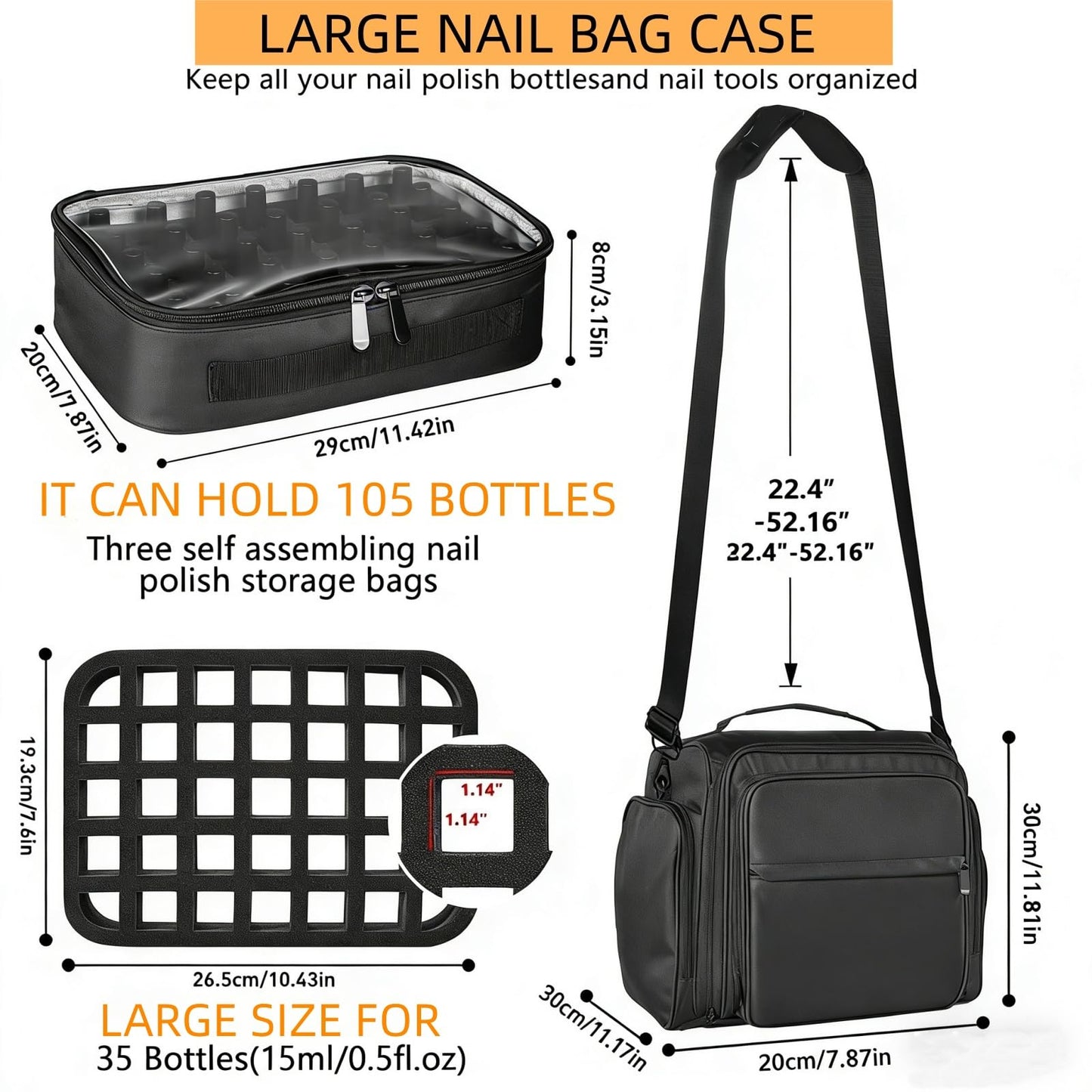 YUYAFN Nail Polish Organizer Holds 105 Bottles, Extra Large Capacity with 3 Removable, Pouches Portable Manicurist Travel Bag for Manicure Tools, Nail Lamp