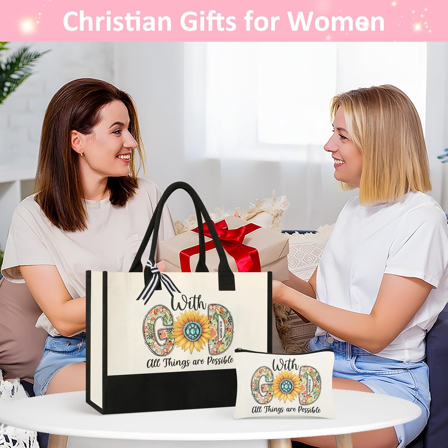 Tecanne Christian Gifts for Women, Canvas Tote Bag with Makeup Bag (4 Sets)