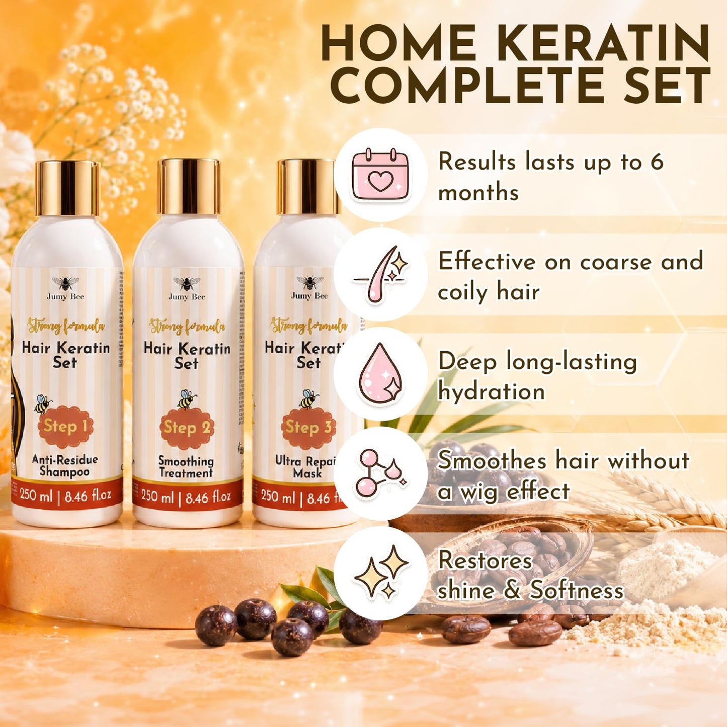 Brazilian Keratin Treatment Kit - Jumy Bee 3 Steps | Formaldehyde-Free At Home Hair Straightening & Smoothing System |Keratina para Alisar el Pelo | Anti-Frizz Repair Mask & Shampoo (10 Fl OZ)