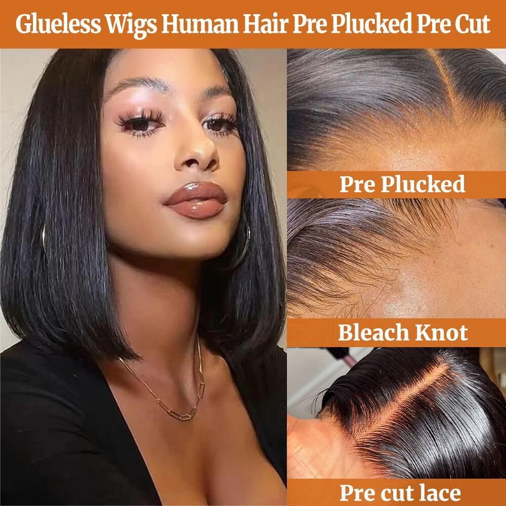 GUDOZO Bob Wig Human Hair 10 inch Glueless Wigs Human Hair Pre Plucked Pre Cut 4x4 HD Lace Front Glueless Wigs Human Hair 180% Density Short Straight Bob Wigs for Black Women
