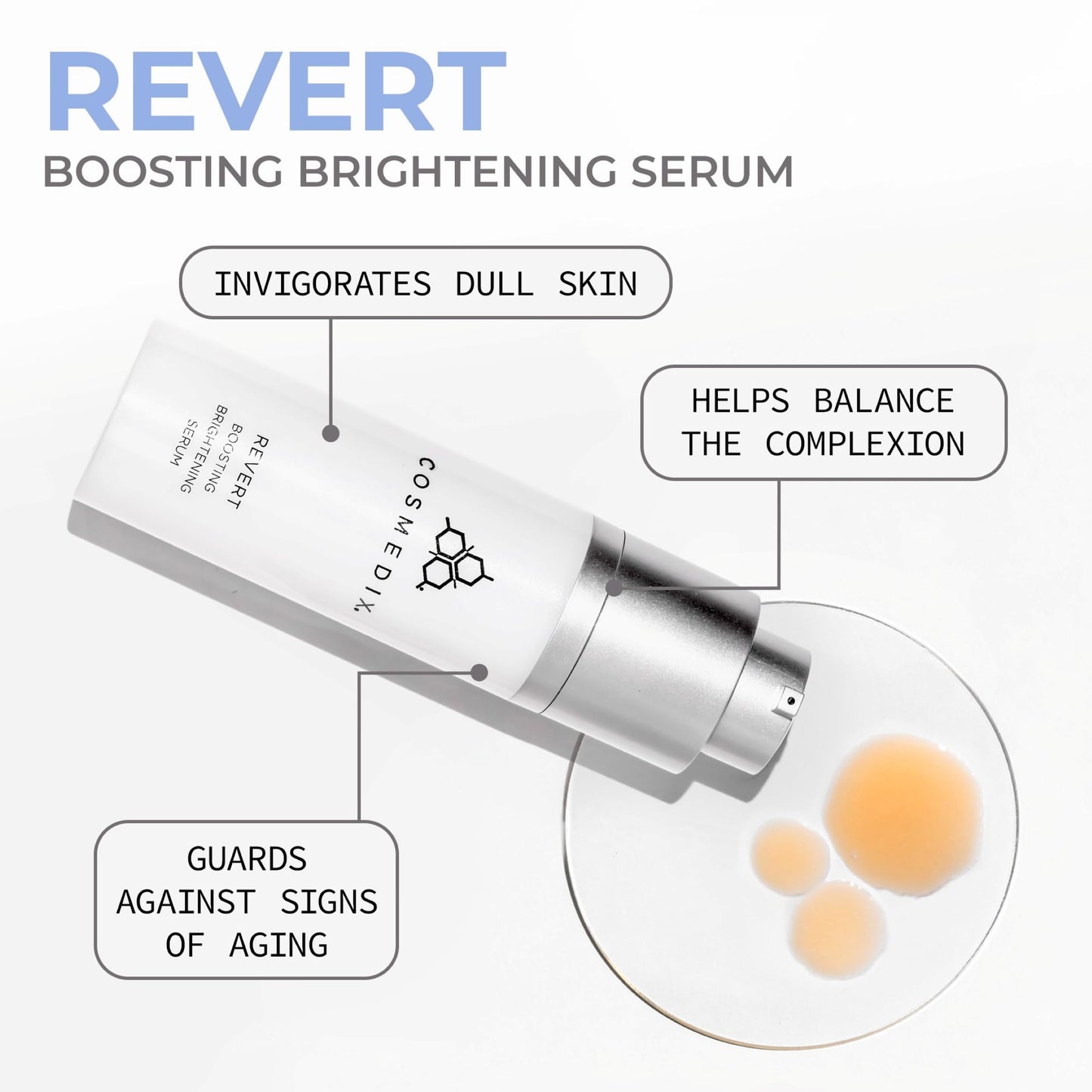 COSMEDIX Revert Boosting Brightening Face Serum - Hydrating Facial Serum for Dark Spots & Uneven Skin Tone - Firming Skincare for Brighter & Natural Glow, All Skin Types, Cruelty Free, 30mL