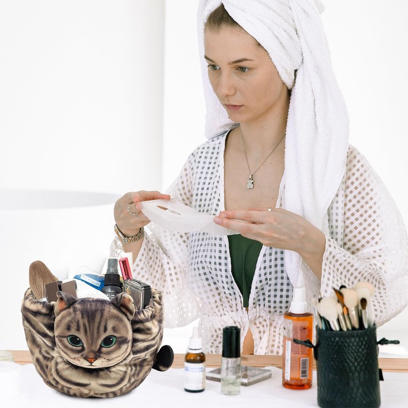 Openhaha Drawstring Travel Organizer, Cosmetic Pouch - Cat Gift for Women, Lay Flat Makeup Bag Gifts for Cat Lovers (2-Pack)