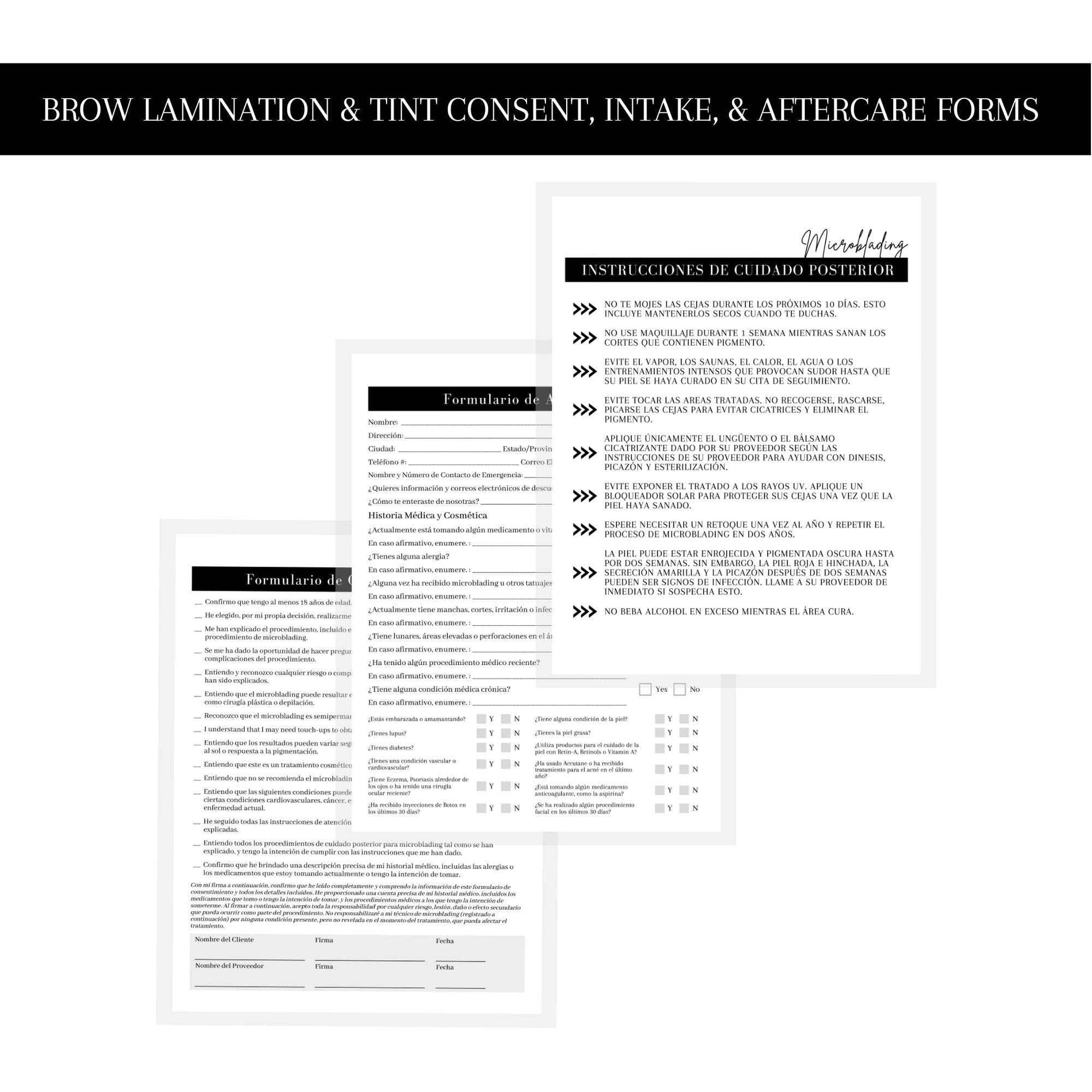 Spanish Microblading Intake, Consent, and Aftercare Form | 75 Pack | 8.5 x 11" A1 Forms | Clients Signature | Consent Forms for Microblading | Clients Signature | Minimalist Design