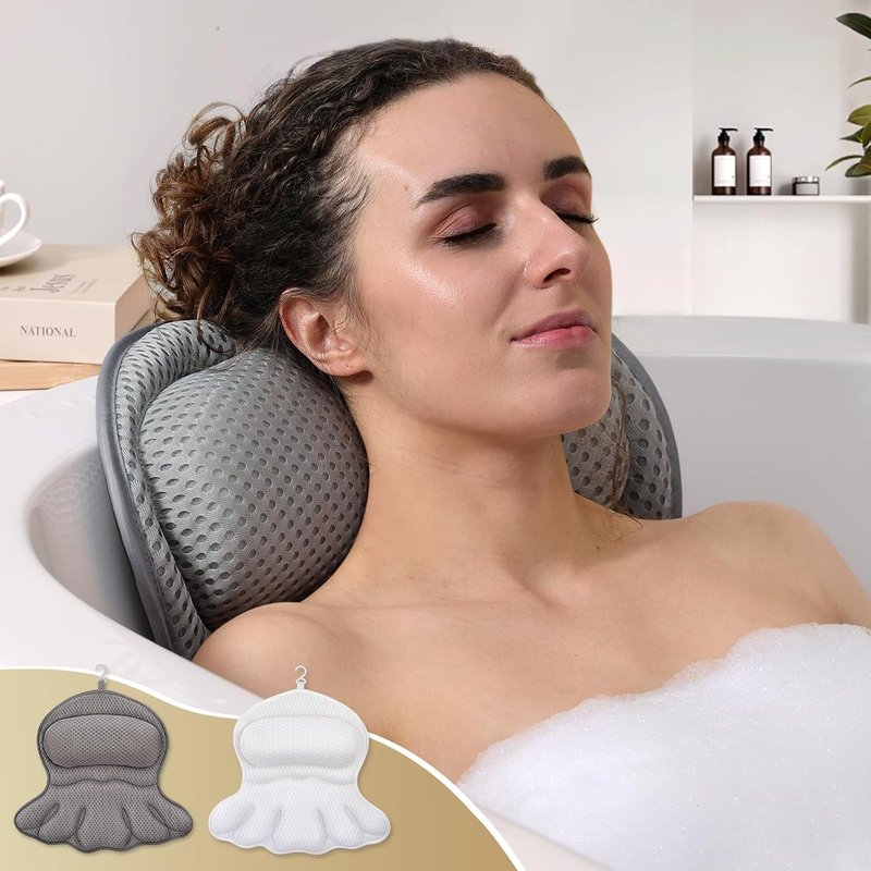 Luxury Bath Pillow - Extra Soft Bathtub Head & Neck Support | 4D Air Mesh Cushions, Non-Slip Suction Cups - Gray