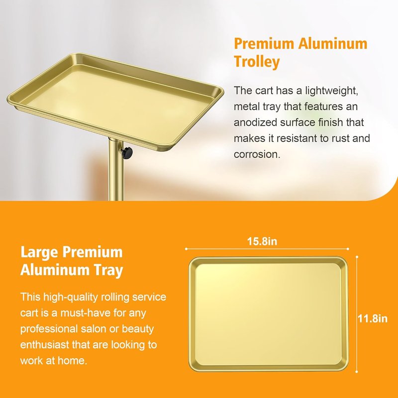 Premium Aluminum Tattoo Tray on Wheels - Adjustable Rolling Hairdresser Cart | Bronze Color