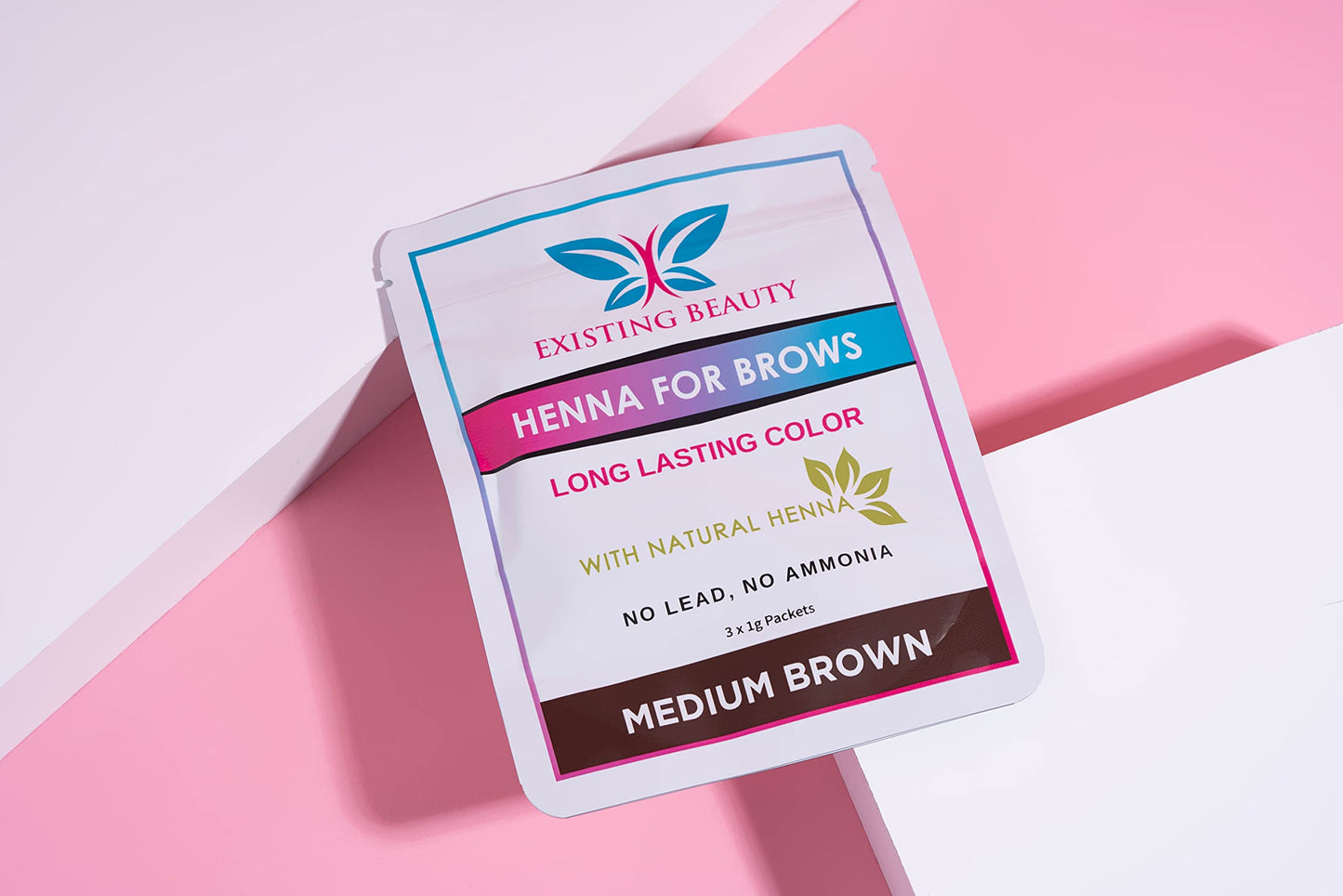 Medium Brown Eyebrow Henna Tint for Eyebrow Color- Professional Henna Brow Kit Including Use Instructions and Mixing Bowl 3x 1g Packets Brow Dye by Existing Beauty