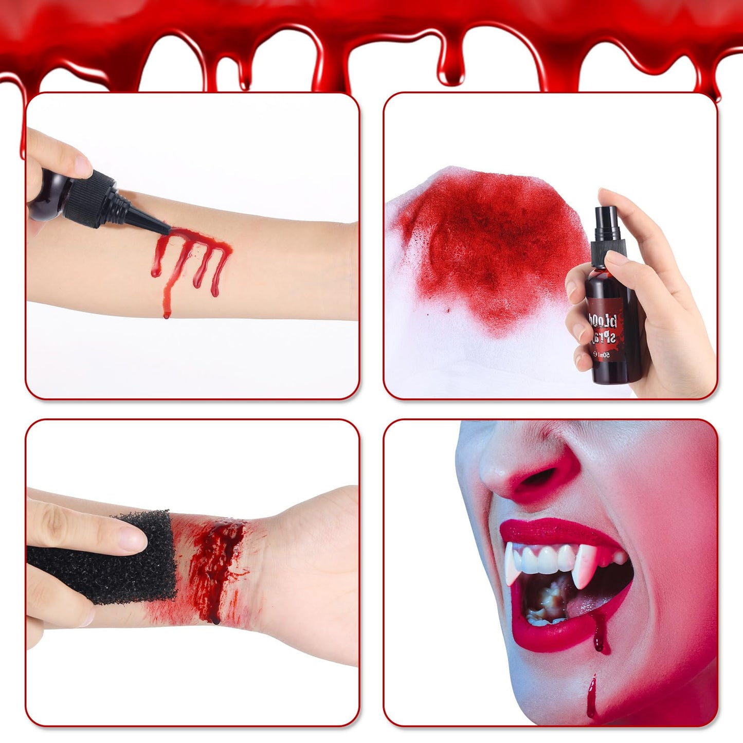 7 PCS Halloween Fake Blood Makeup Kit 3 Size Vampire Teeth Fangs Fresh Red Fake Blood Spray Realistic Coagulated Blood for Party Monster Zombie Cosplay