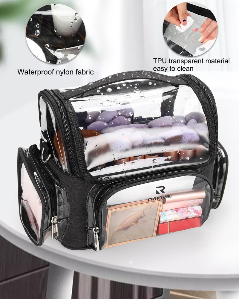 Clear Makeup Brush Case - Stand-Up Cosmetic Organizer for Professionals | Adjustable Divider & Strap - X-Large Black