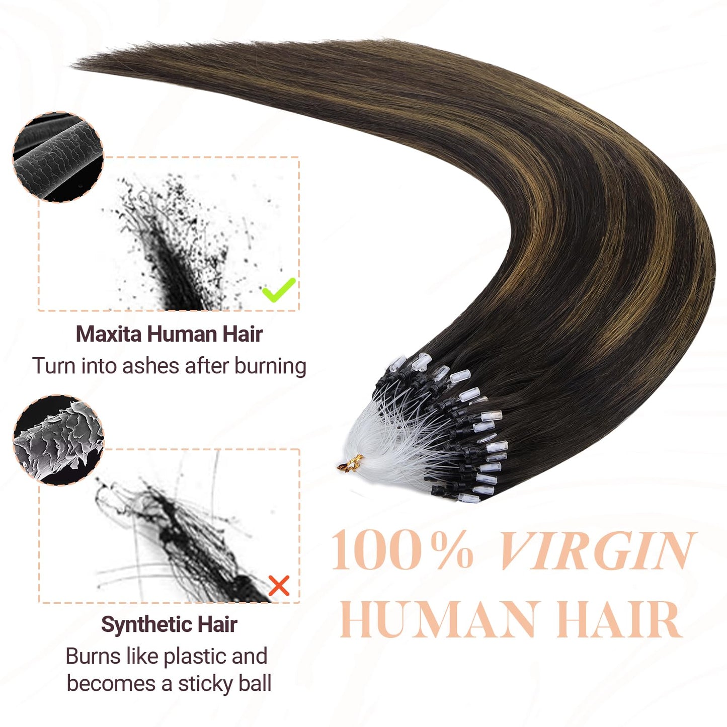 MAXITA Microlink Hair Extensions Human Hair Balayage Dark Brown Mixed Chestnut Brown Micro Bead Hair Extensions Real Human Hair, 50g/50 Strands/Pack, 16 In
