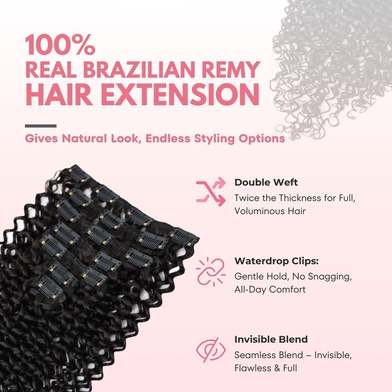 SIYUSI Kinky Curly Clip In Extensions, 7Pcs Invisible & Scalp-Friendly, Natural Black Color, 3.52oz,3C 4A 100% Brazilian Remy Human Hair Clip Ins