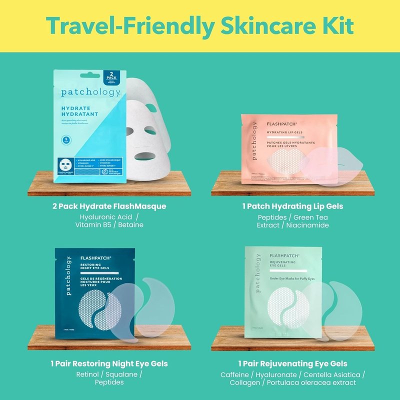 Patchology Travel Facial Kit - Hydrating Skincare Essentials for Face, Eyes & Lips | Includes 2 Under Eye Patches, 2 Hydrate Sheet Masks & 1 Lip Mask