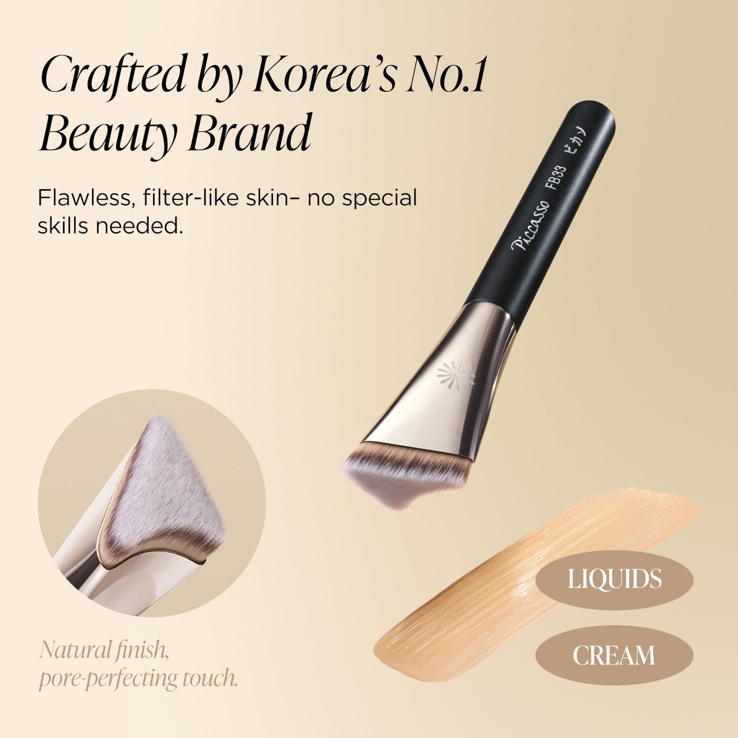 PICCASSO FB33 Tapping Cover Foundation Brush, Korean Makeup Brush for Liquid & Cream Foundation, Soft Dense Bristles for Pore-Blurring, Smooth, Streak-Free Base Makeup