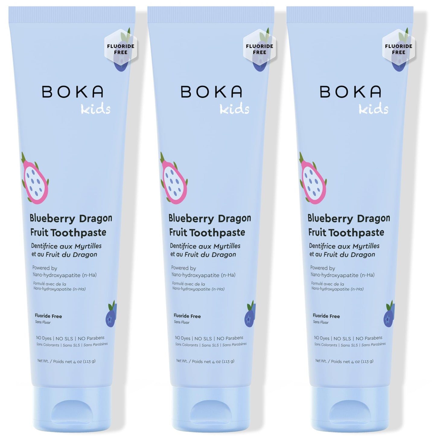 Boka Fluoride Free Toothpaste Nano Hydroxyapatite Toothpaste - Blueberry Dragon Fruit Flavor, 4 oz 3Pk
